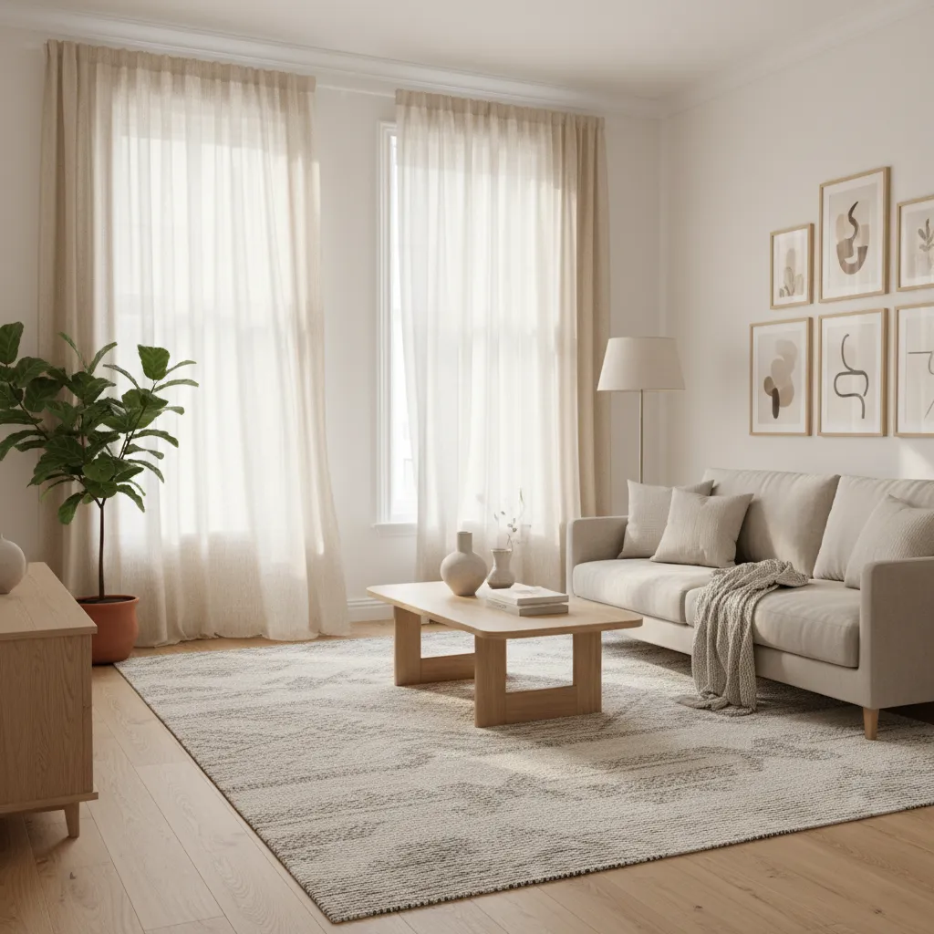 bright living room with soft beige curtains allowing natural light