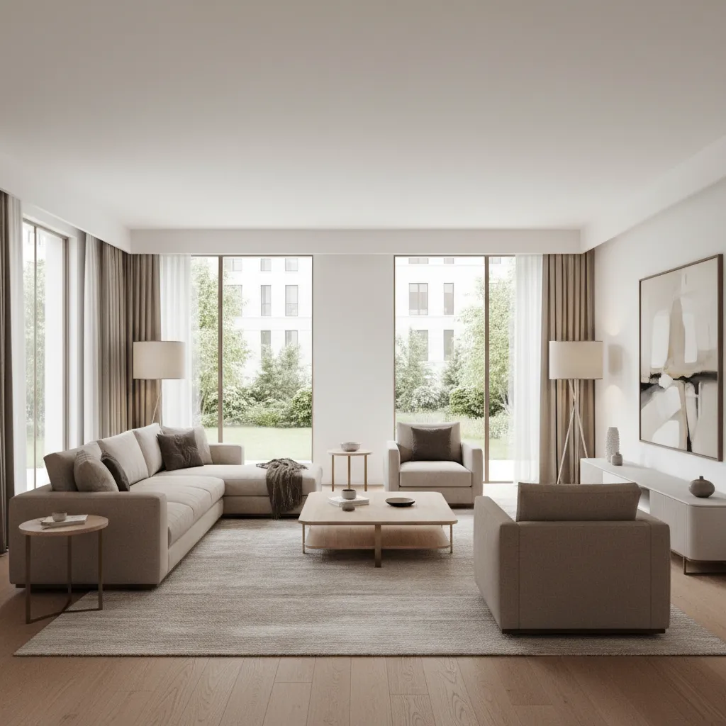 Living room layout featuring beige furniture foundation and white architectural surfaces