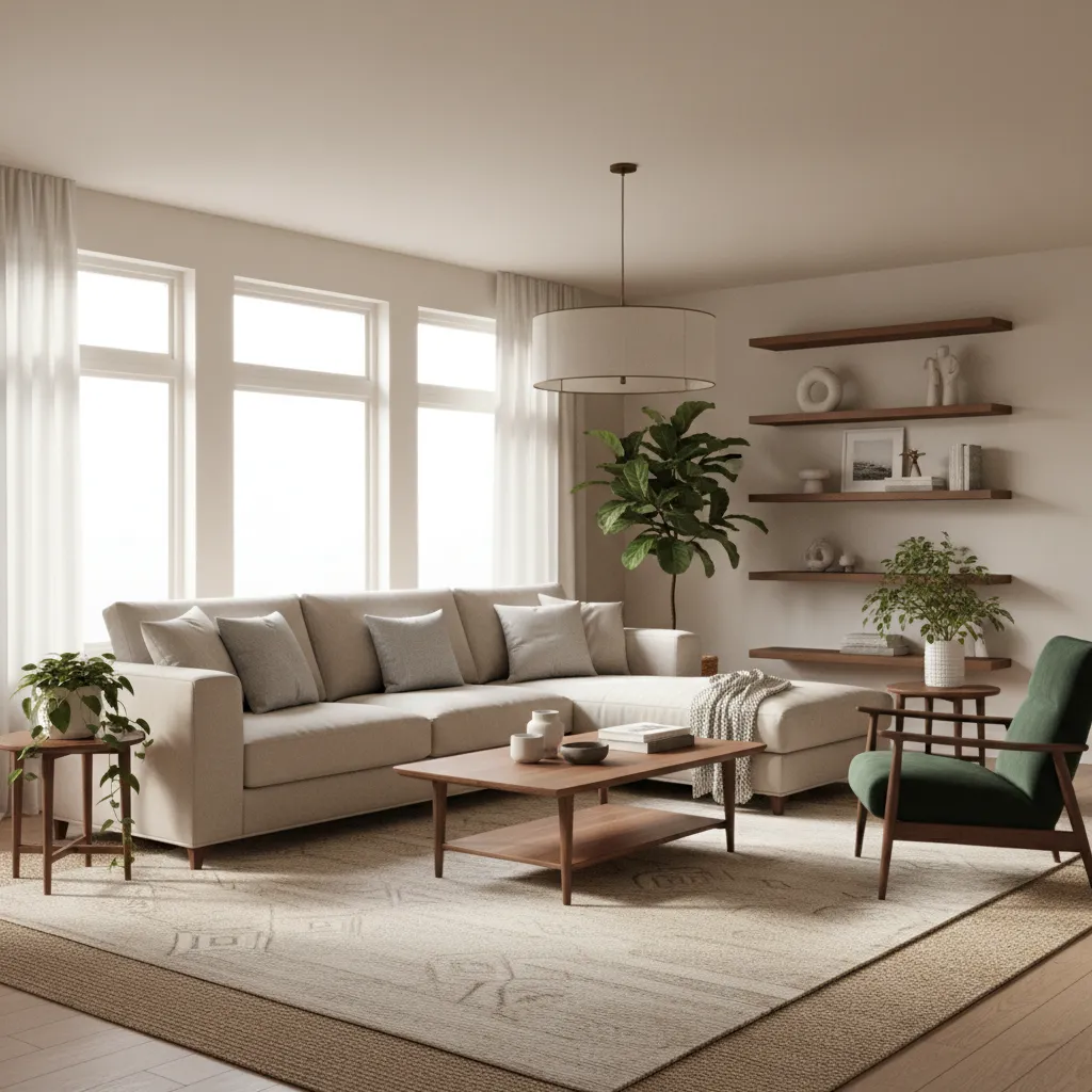 Complete modern beige and green living room with sectional sofa and plants