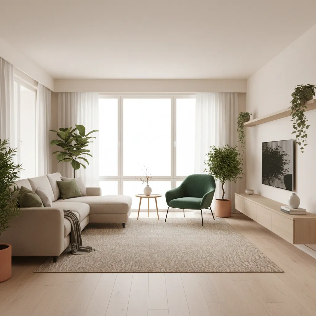 Beige and green living room with large windows and soft natural lighting