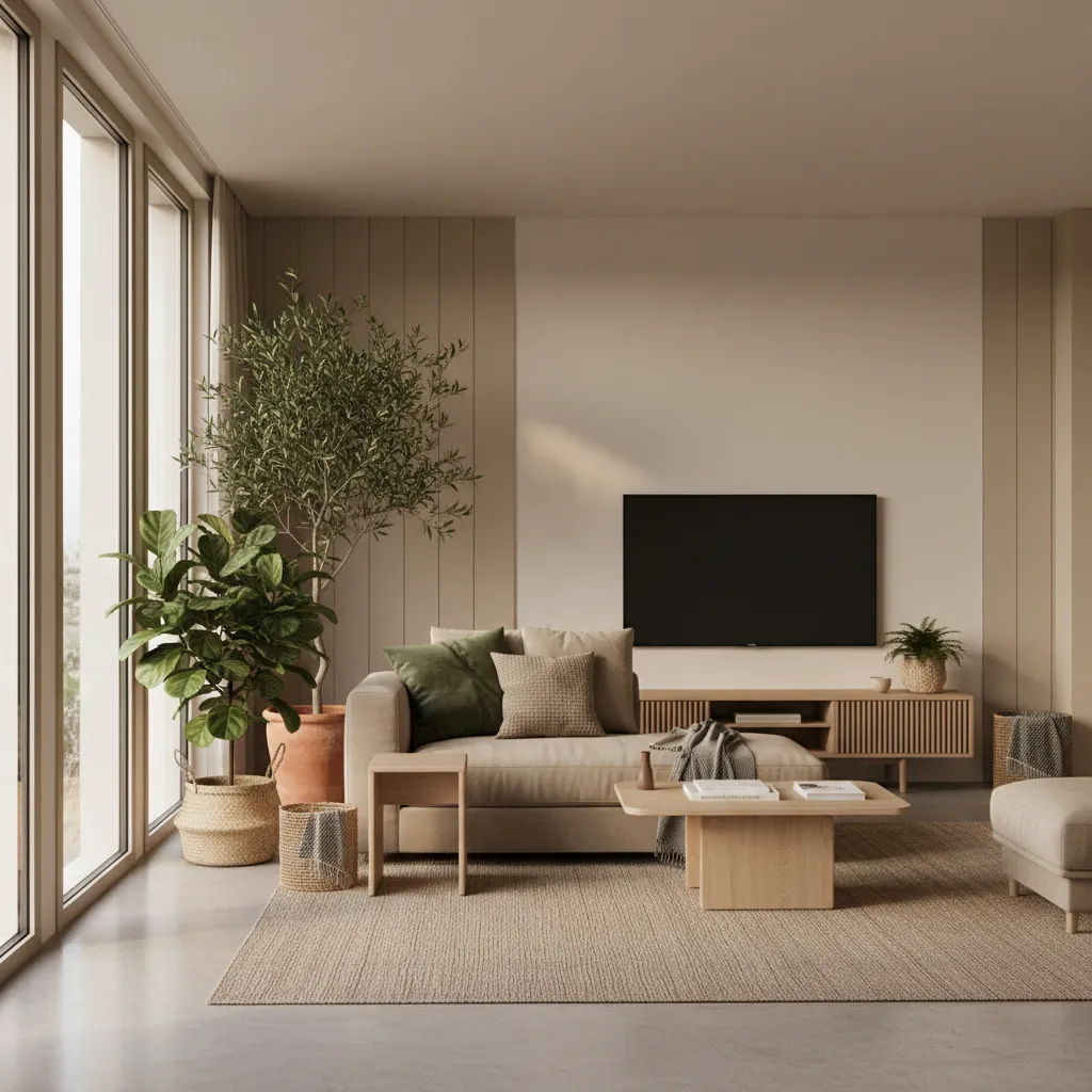 Beige and green living room styled with plants and natural materials