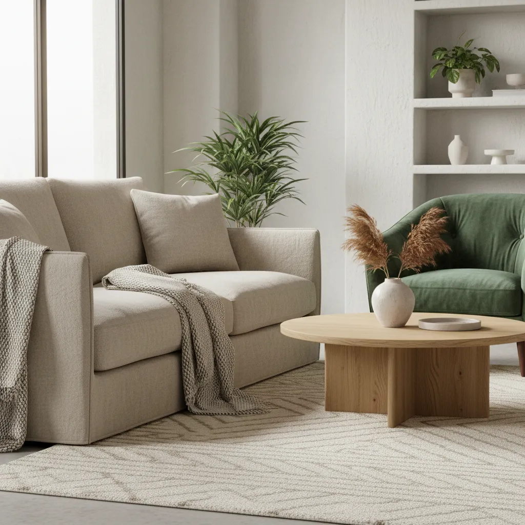 Close view of beige linen sofa with green velvet chair and wooden furniture