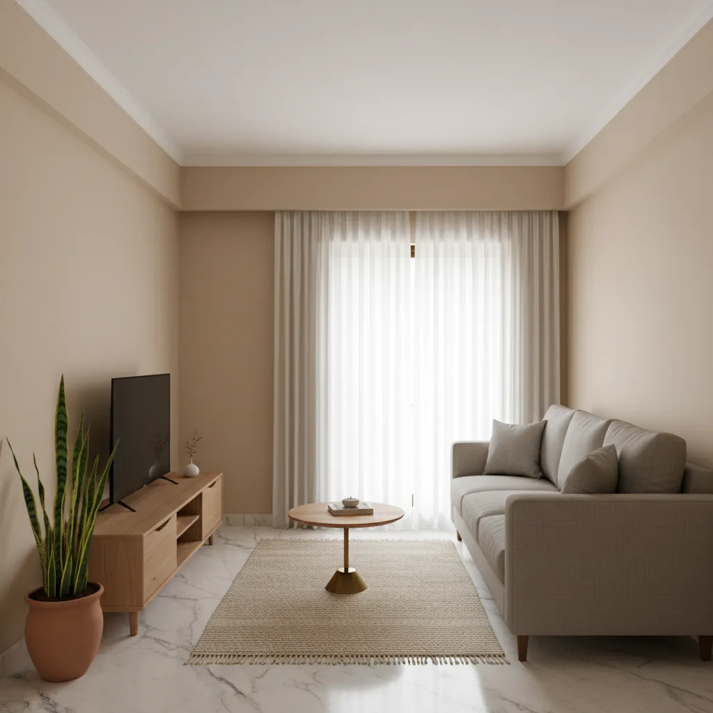 Indian living room with warm beige walls wooden furniture and natural daylight