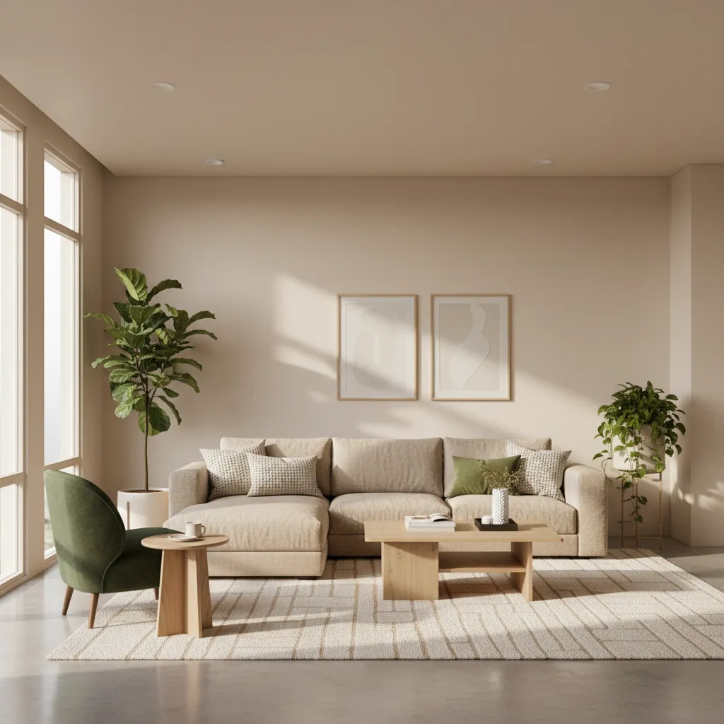 beige dominant living room with green plants and accent chair