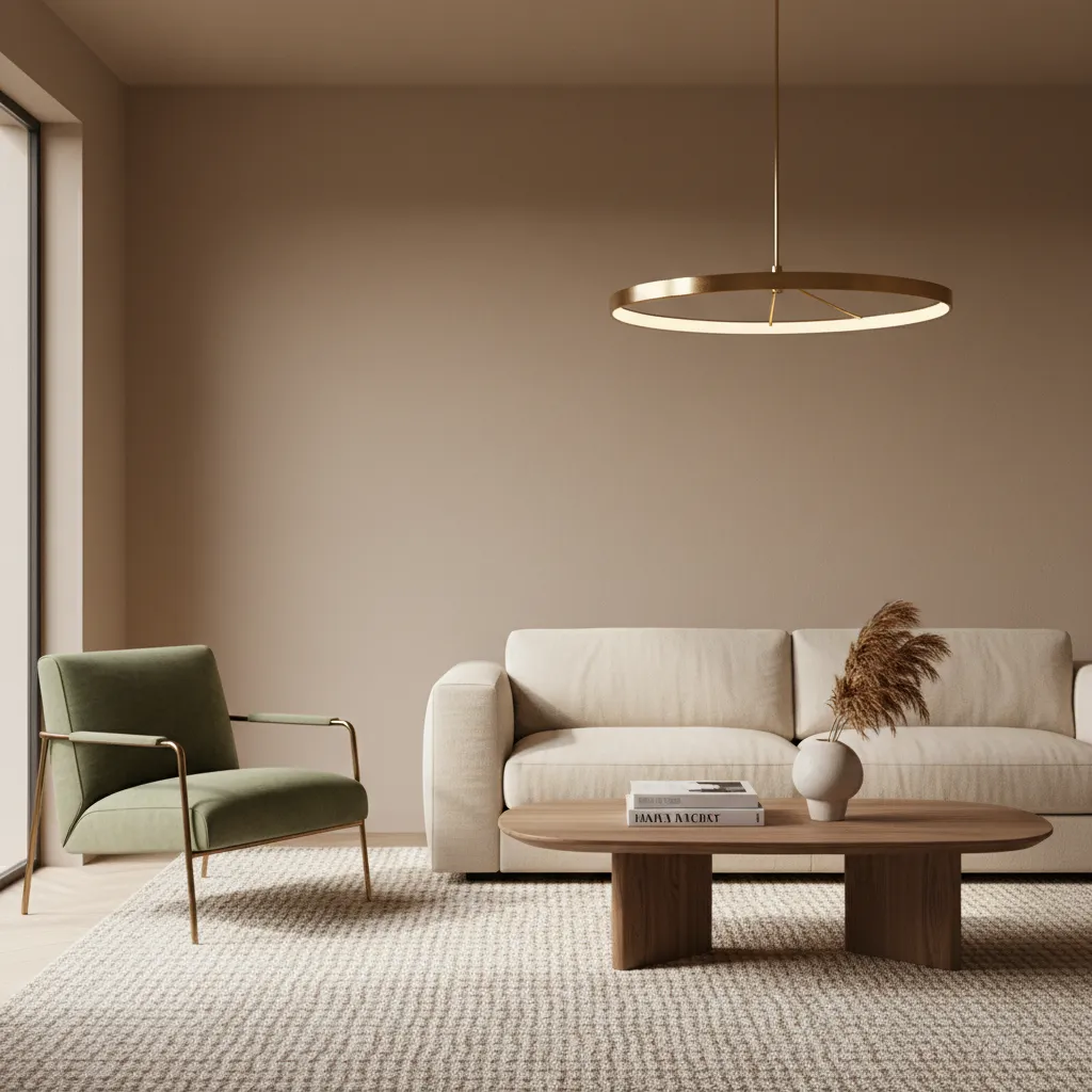 Beige living room styled with green furniture accents