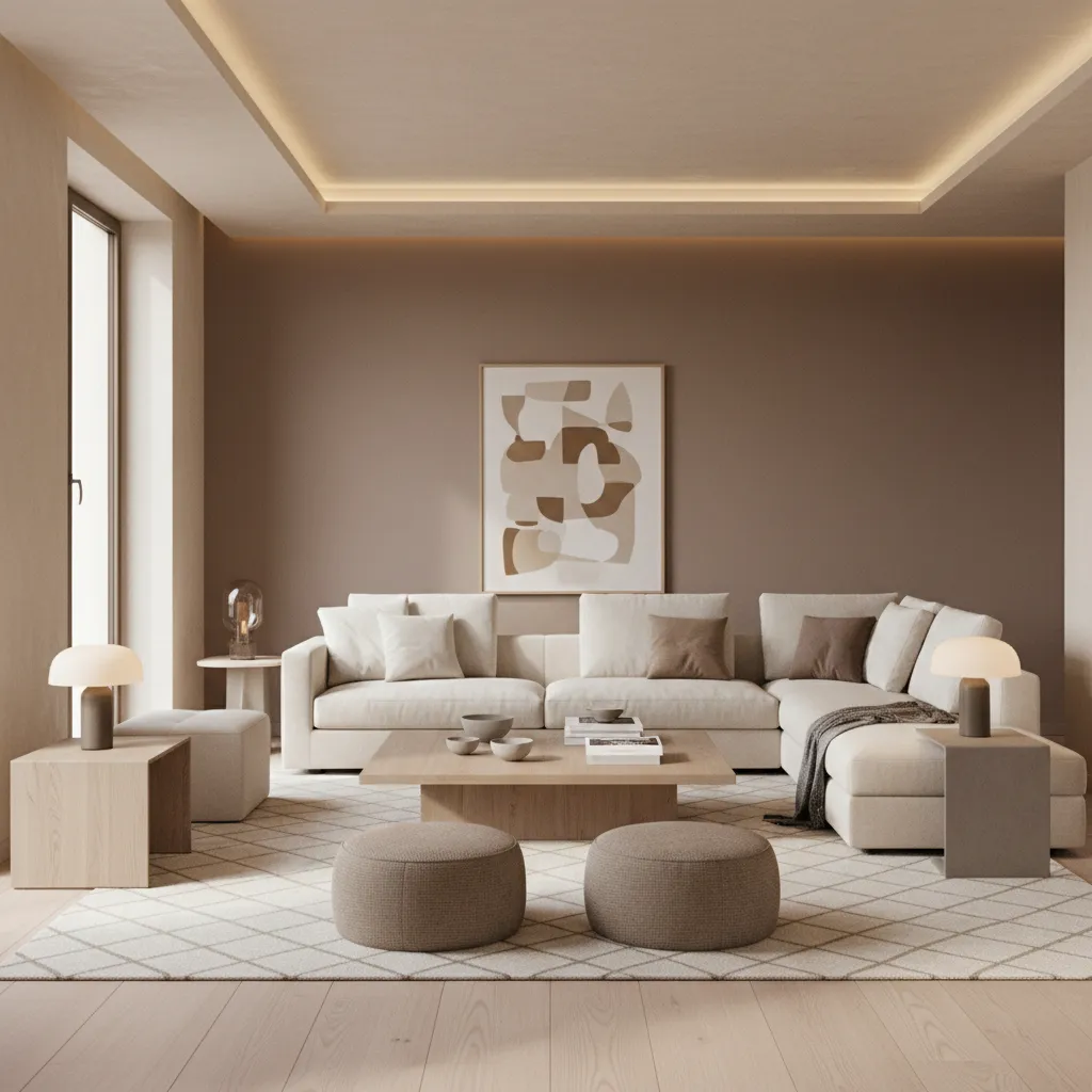 Living room with beige walls and mocha brown accent wall behind sofa