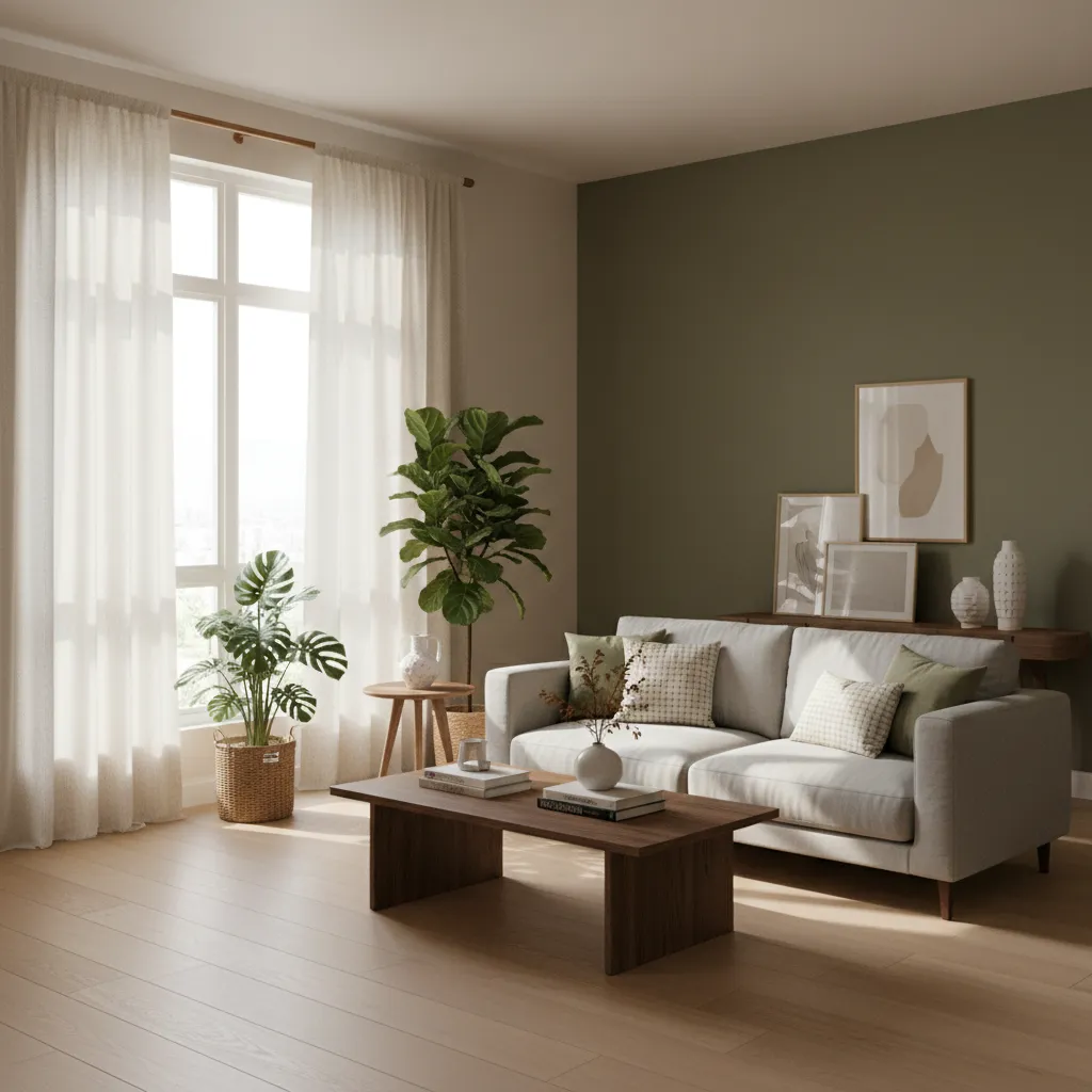 living room with beige walls olive green accent wall and wooden furniture