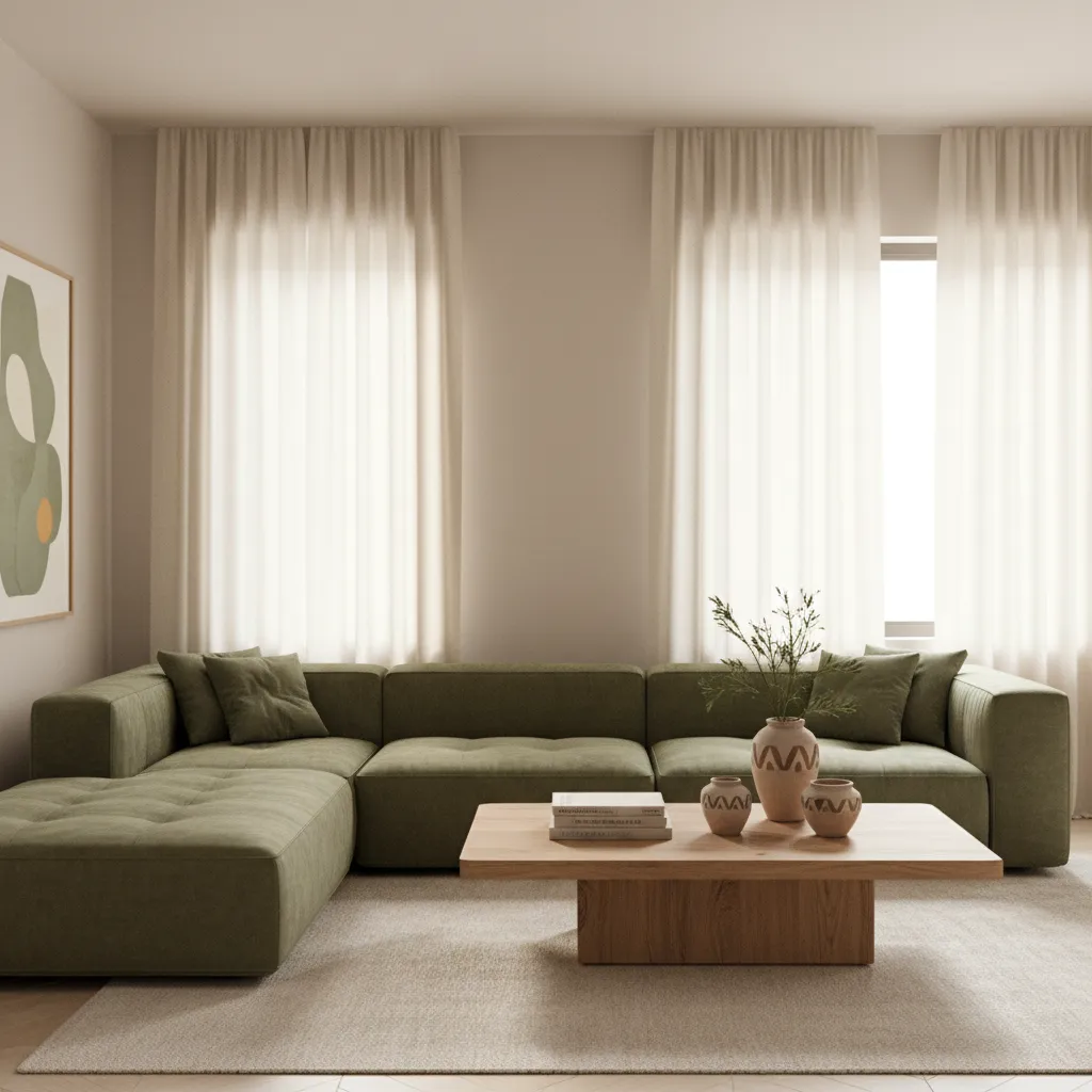 Living room with beige walls olive green sofa and wood accents
