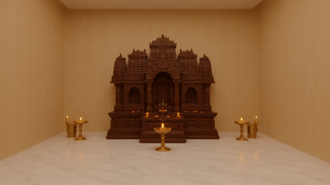 Elegant pooja room with sandalwood beige wall and carved wooden temple unit
