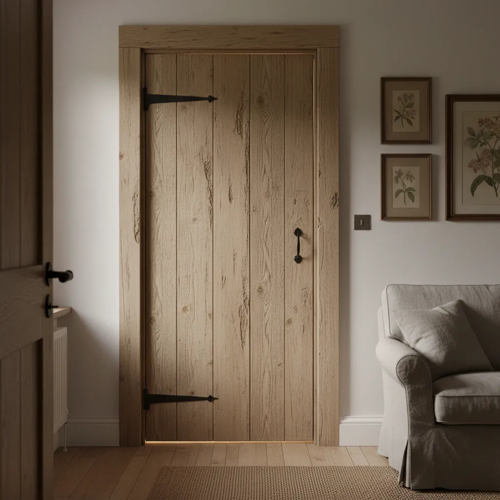 Puerta rústica beige con tablones verticales en una casa de estilo campestre