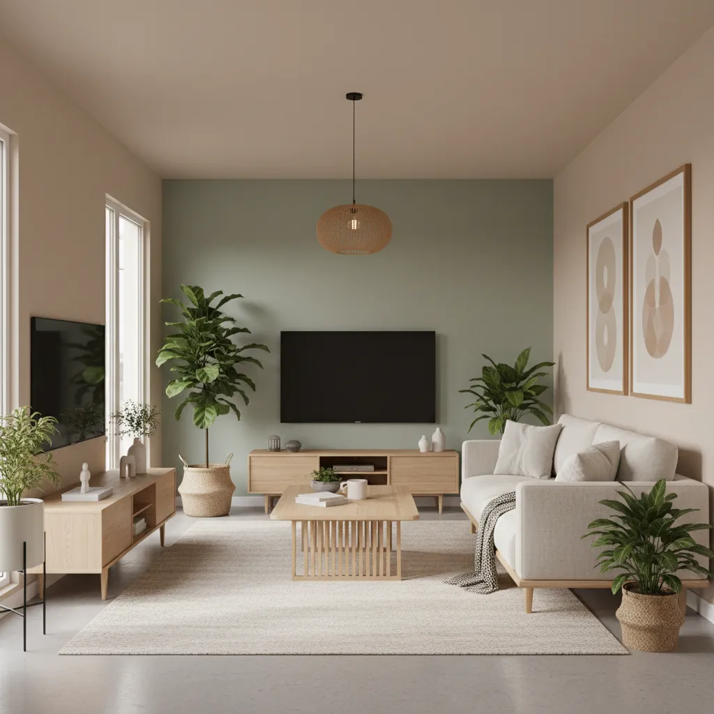 Living room with beige walls and sage green accent wall color combination