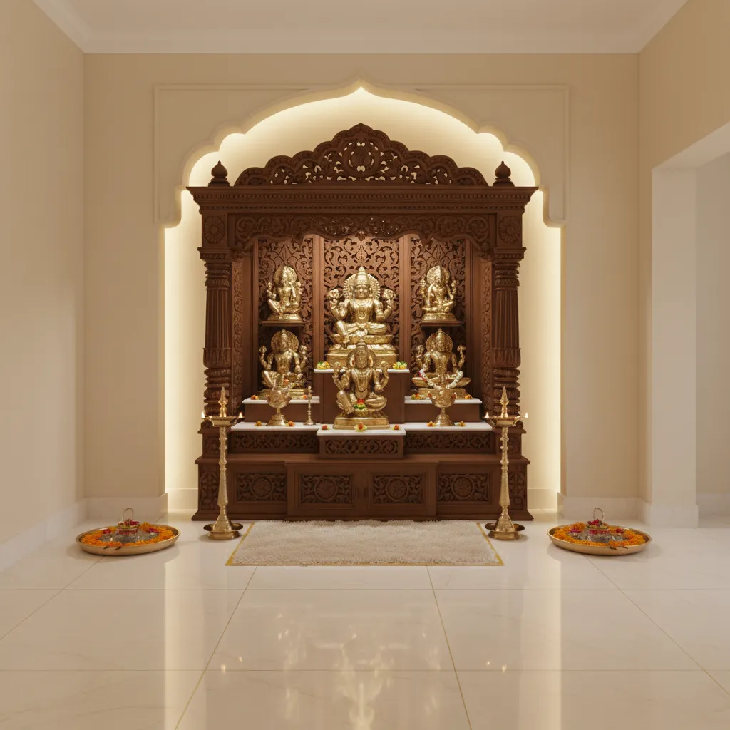 Beige sandalwood tone pooja room with carved wooden temple and warm lights