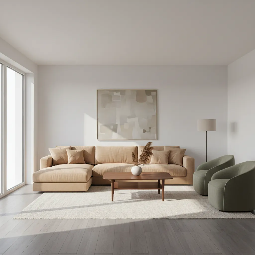 beige sofa paired with grey flooring in modern living room