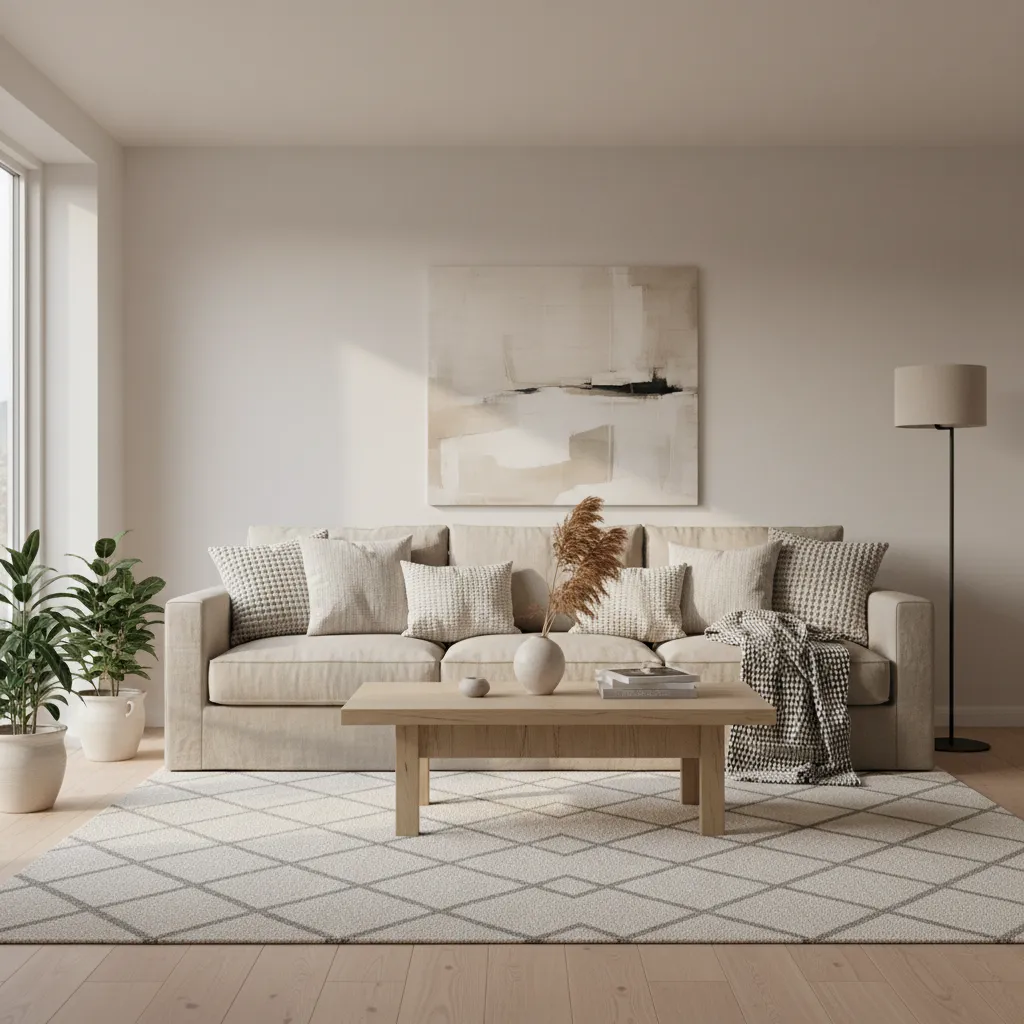 neutral living room with beige sofa and textured decor