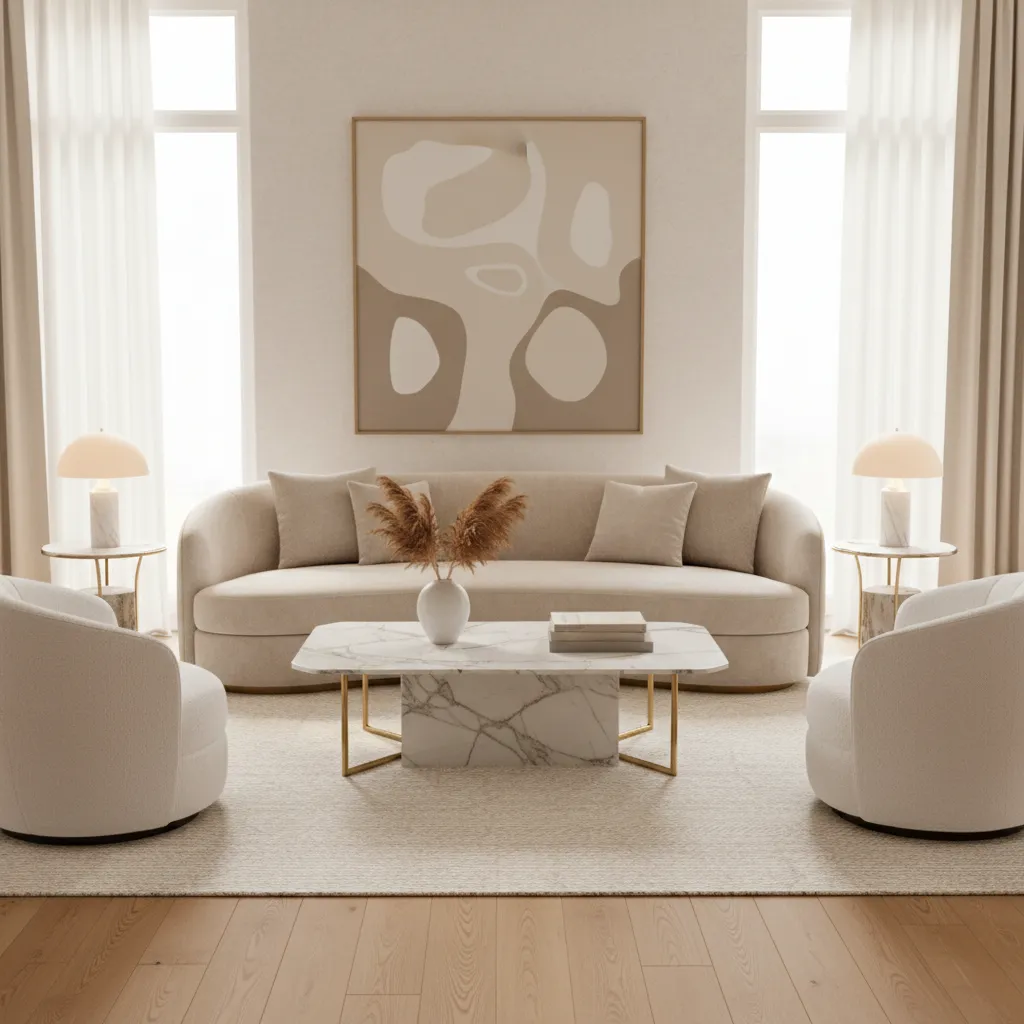 Beige sofa paired with white accent chairs in elegant neutral living room