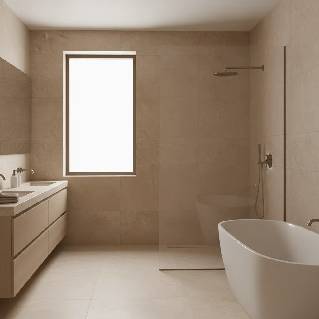 Bathroom with beige stone look porcelain tiles and soft natural lighting