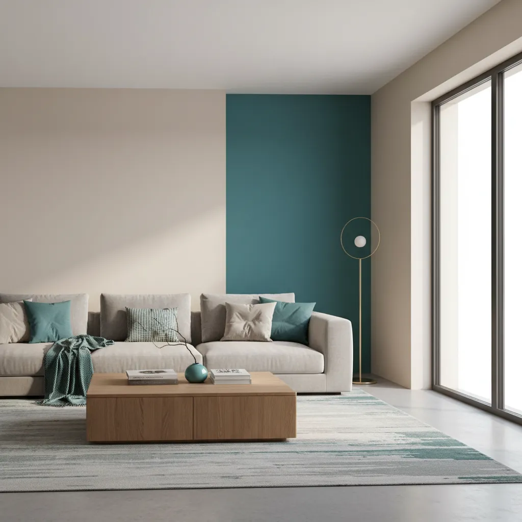 living room with beige walls and teal accent wall color combination