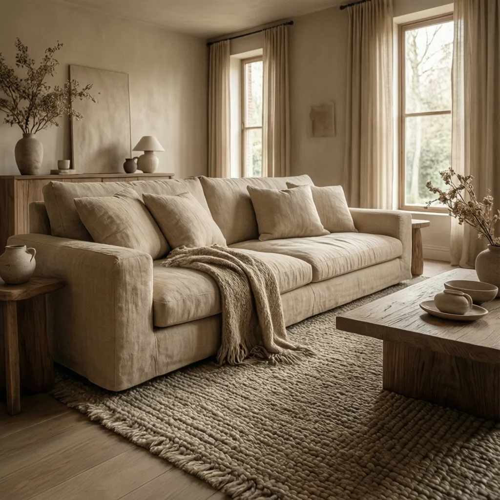 Salón monocromático beige con diferentes materiales y texturas