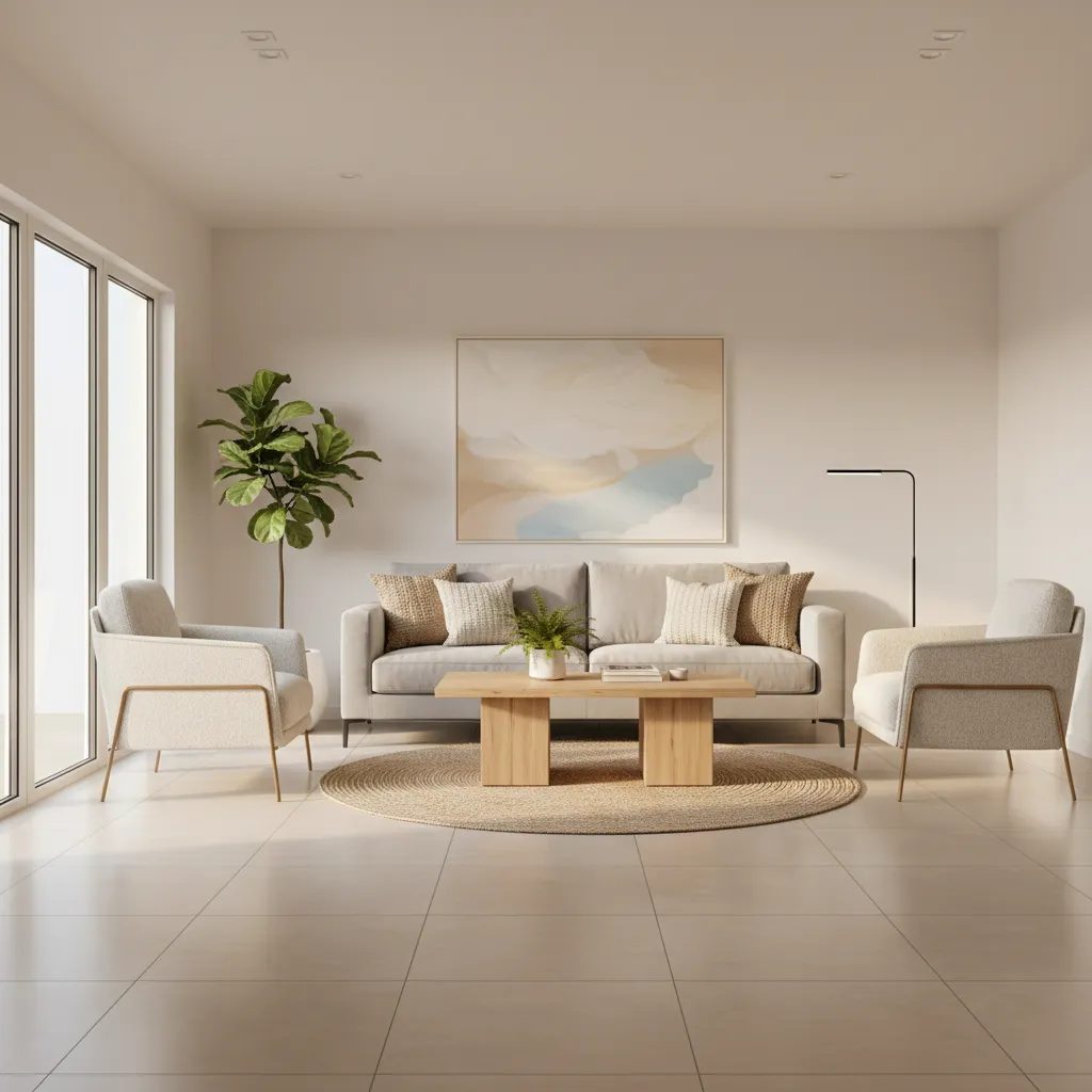 Living room interior with warm beige tile flooring and neutral furniture