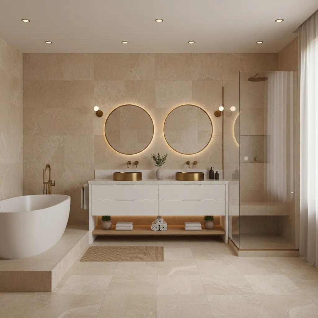 beige stone tiles paired with white bathroom vanity