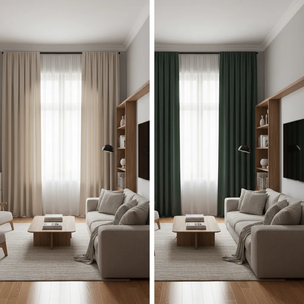 Living room comparison of beige curtains and dark green curtains