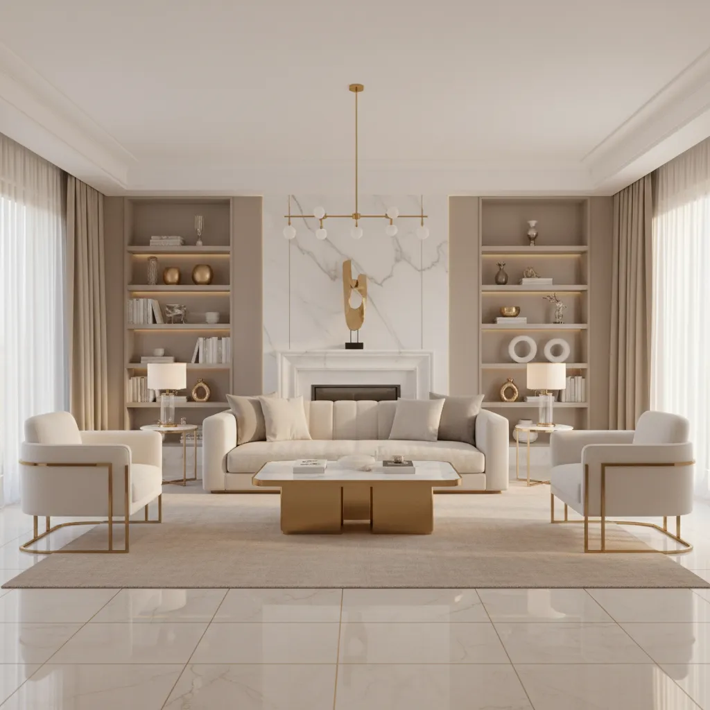 How to Optimize Furniture and Layout in a Beige White Gold Living Room
