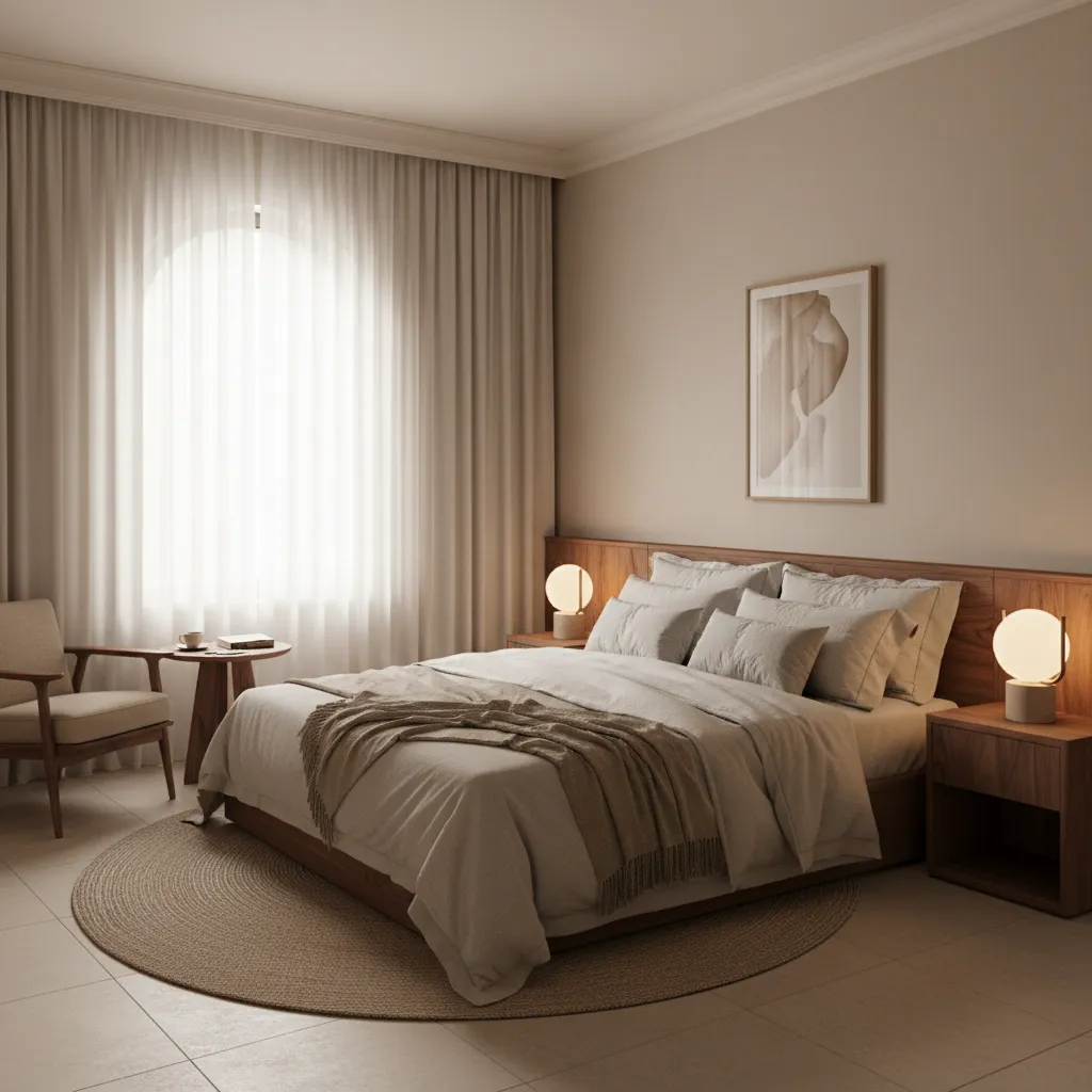 Hotel room with beige walls warm wood furniture and soft lighting