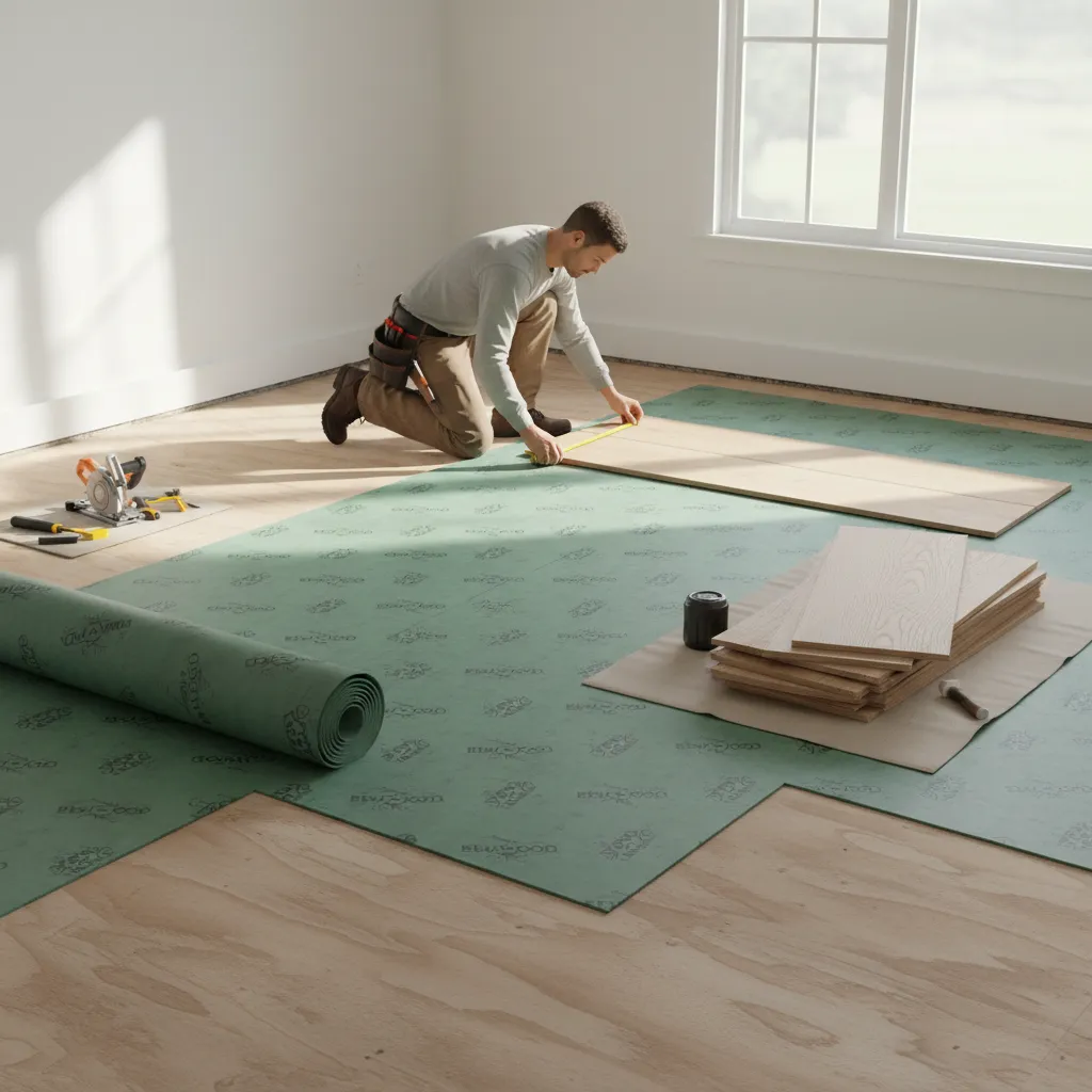 Bellawood underlayment rolled out across a wooden subfloor before hardwood installation