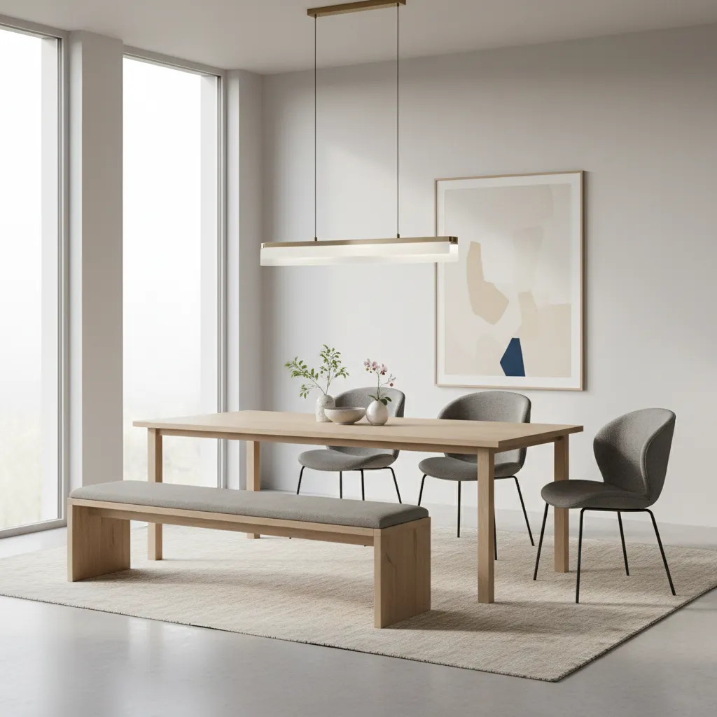 Dining table with bench on one side and chairs on the other