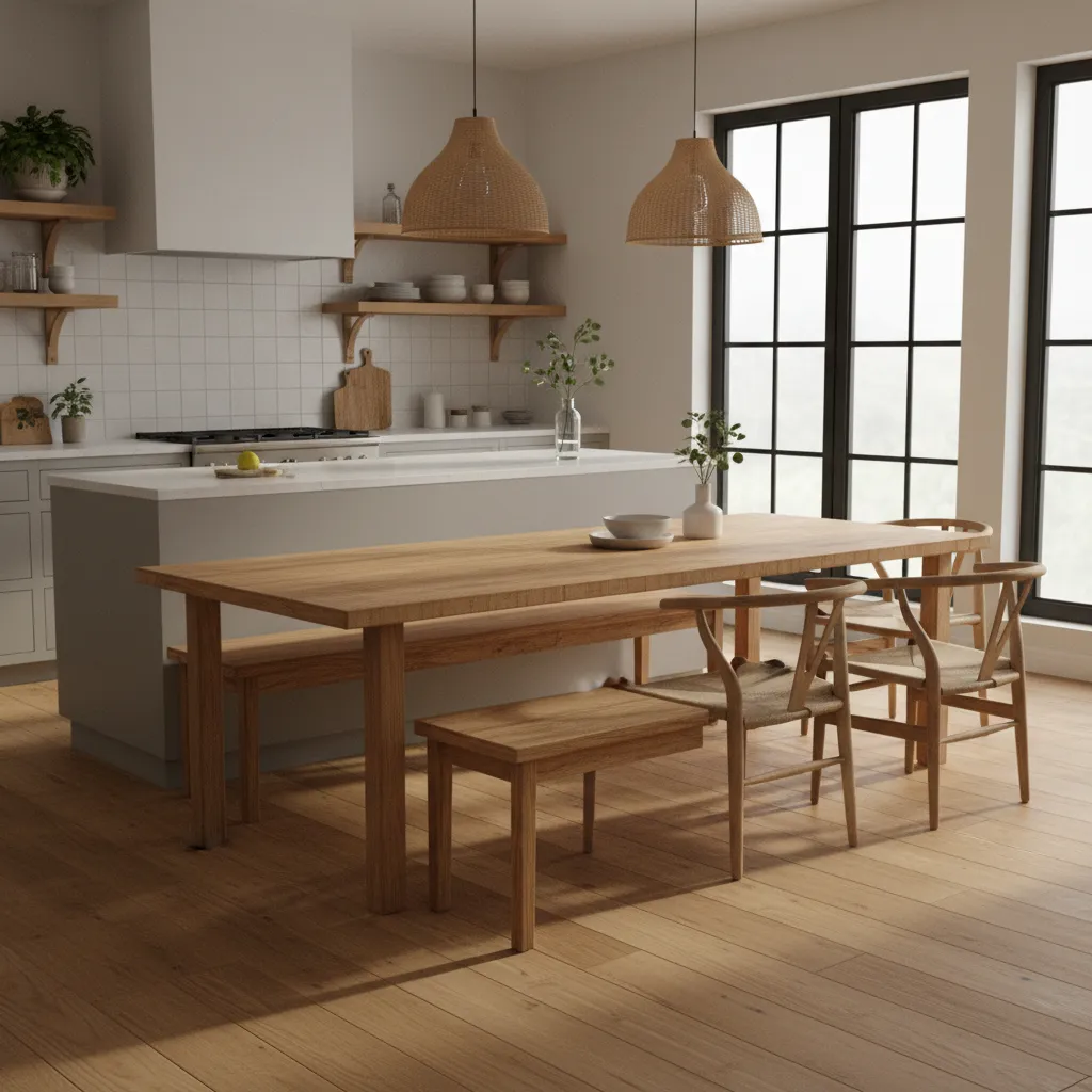 kitchen table with bench on one side and chairs on the other