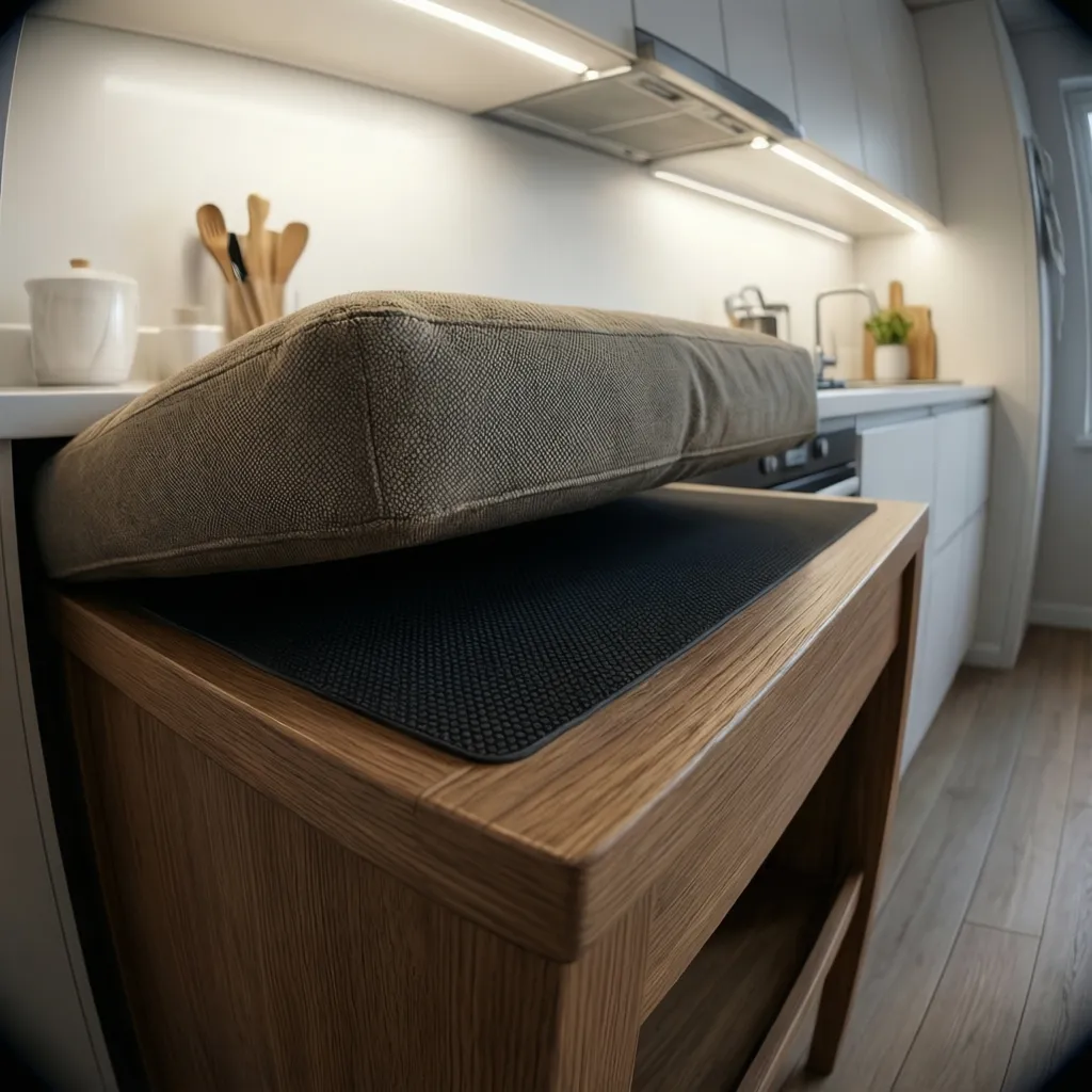 bench cushion lifted showing non slip pad underneath