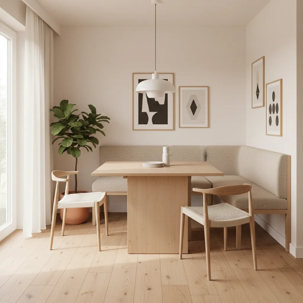 Dining area with bench seating and square expandable dining table