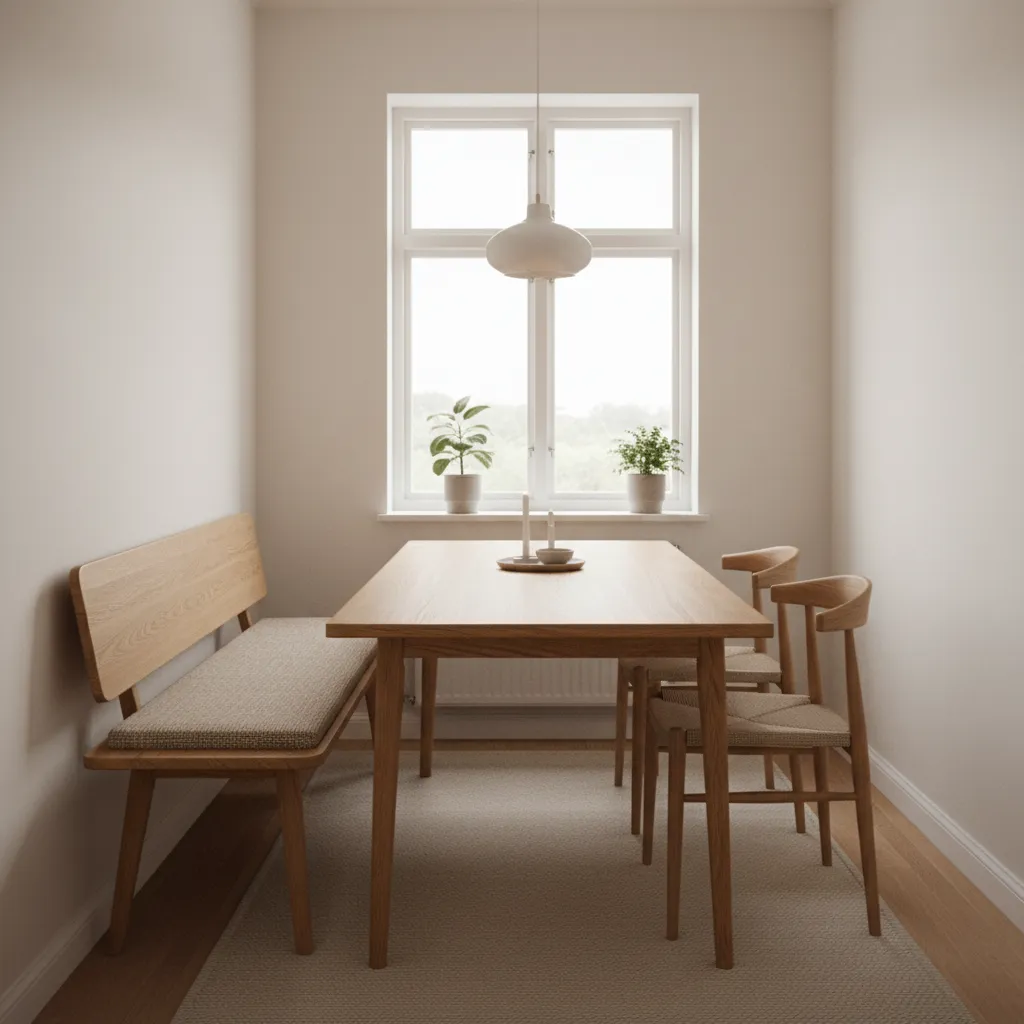 bench seating along narrow dining table in small kitchen