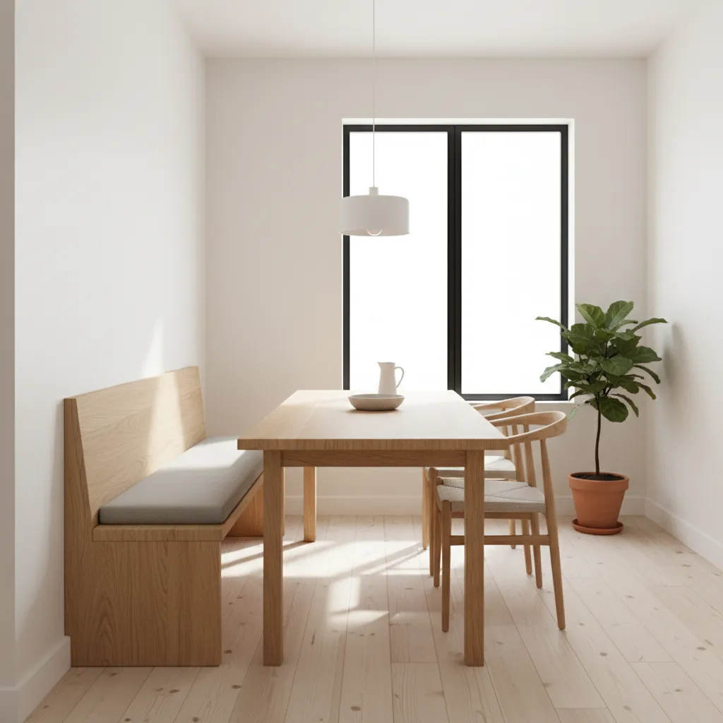 bench seating paired with a narrow dining table in a small dining room