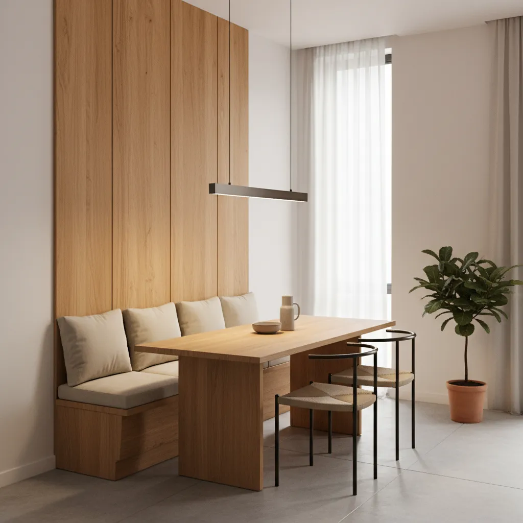 Narrow dining table with bench seating in a compact dining nook