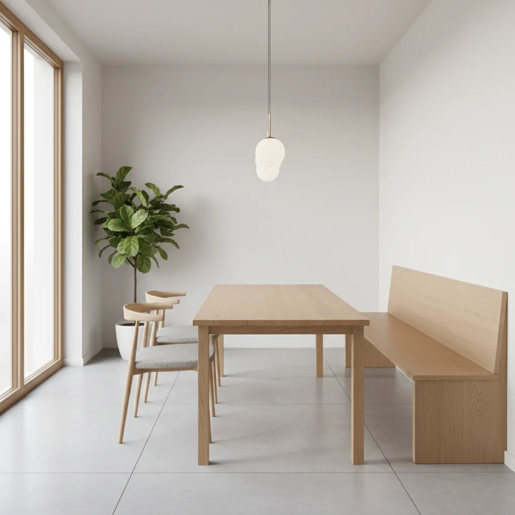 Bench seating paired with a narrow dining table in a small apartment