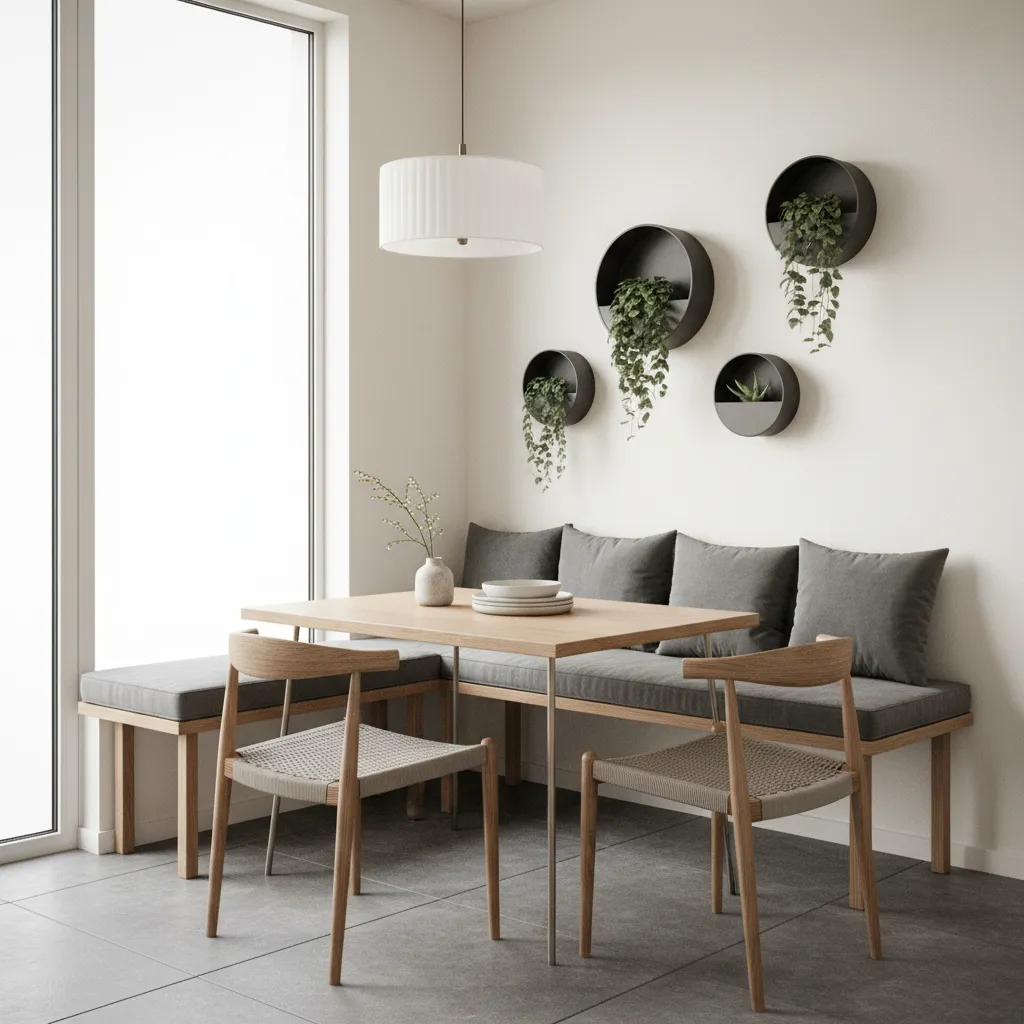 Comedor pequeño con banco contra la pared y mesa rectangular