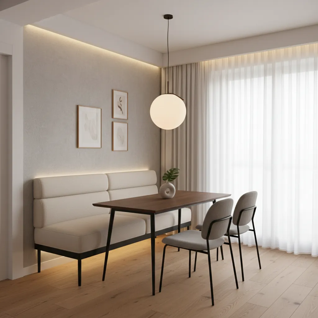 Small dining room layout with wall bench seating and compact table