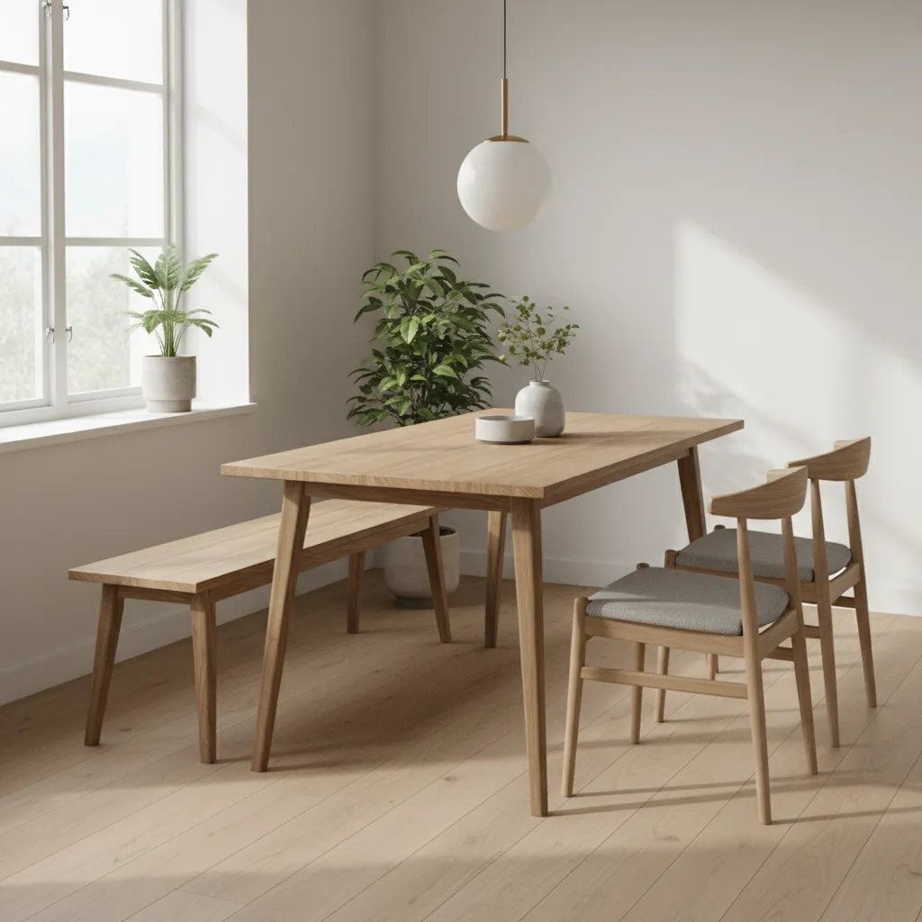 Dining table with bench seating in a small dining room