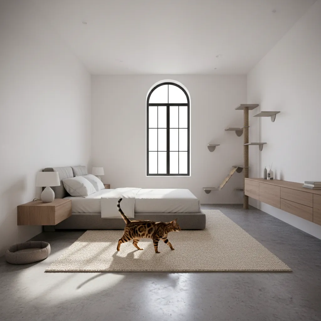 Bengal cat exploring a bedroom designed with open play space and furniture layout