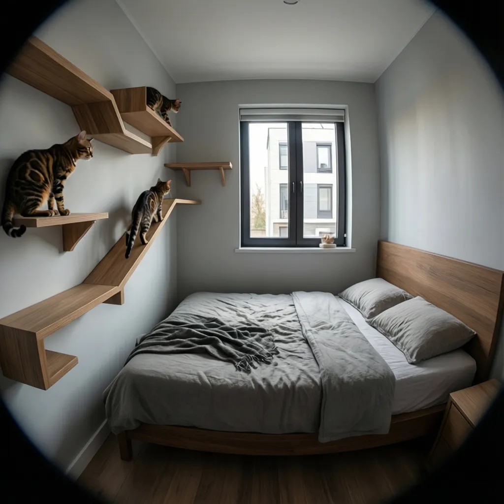 Compact bedroom layout with cat shelves and climbing routes for an active Bengal cat