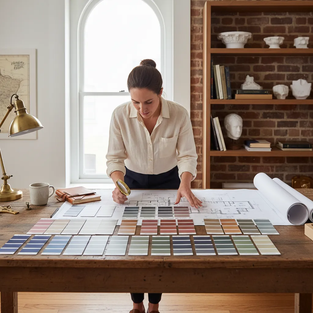 Designer reviewing Benjamin Moore HC historical color palette samples for restoration