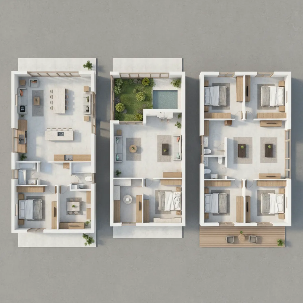 Three different modern interior design drawings showing various house layouts with bedrooms, kitchens, and gardens
