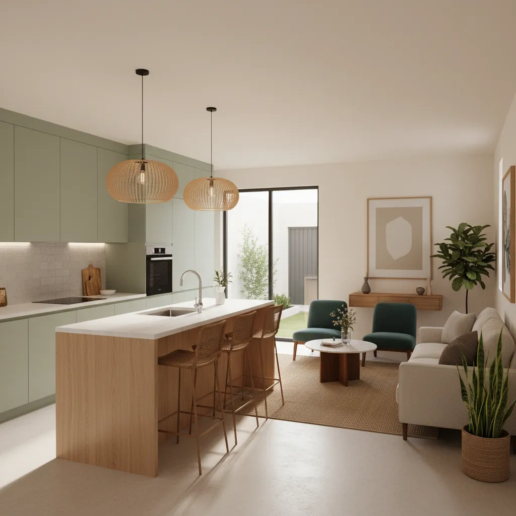 Modern living room with green cabinets, wooden island, white sofa, green chairs, and large rug