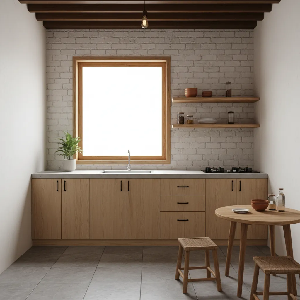Minimalist kitchen featuring wooden cabinets, white brick wall, large window, small dining table, and stools