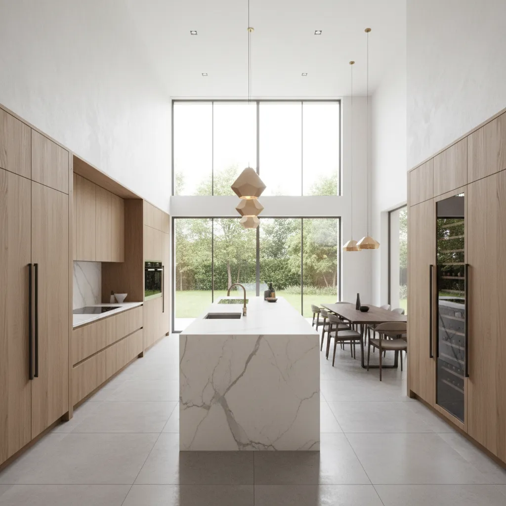 Modern tall kitchen with marble island wooden cabinets large windows dining table and ceiling lights