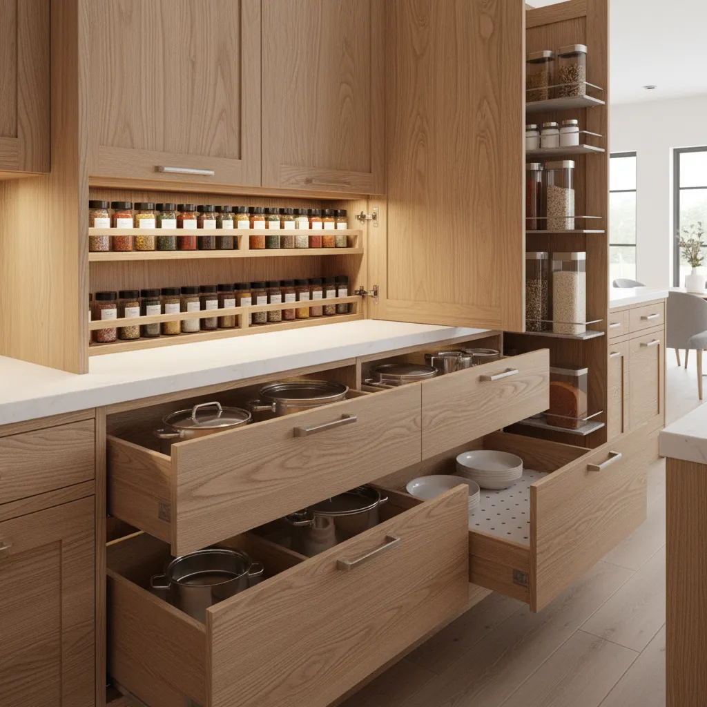Custom pull out storage and bespoke cabinetry inside modern kitchen
