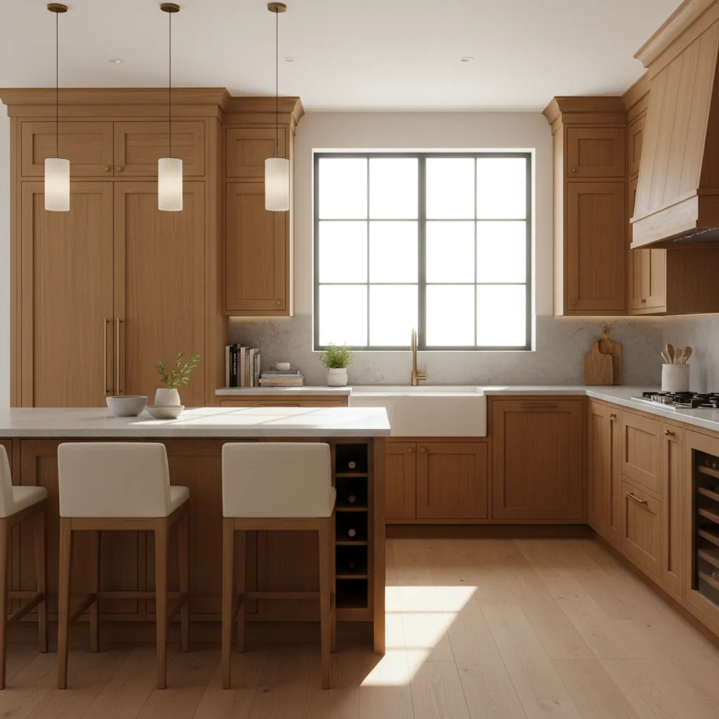 Warm wood kitchen featuring island with white stools sink under window and hanging ceiling lights