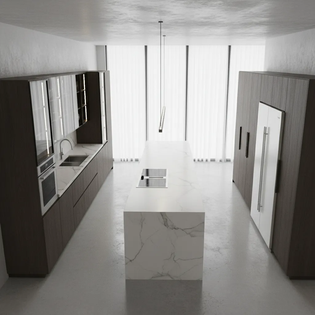 Interior design drawing of kitchen with marble island dark wood cabinets white fridge and windows