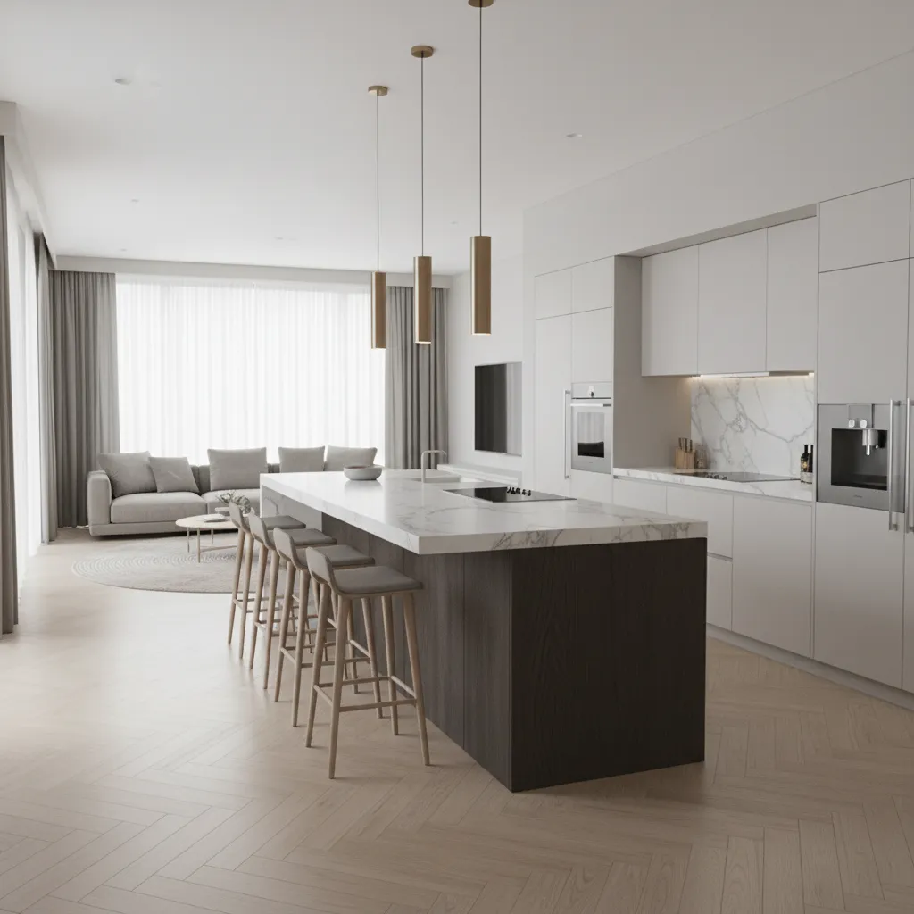 Modern kitchen with dark island white stone countertop gold ceiling lights grey stools and floor